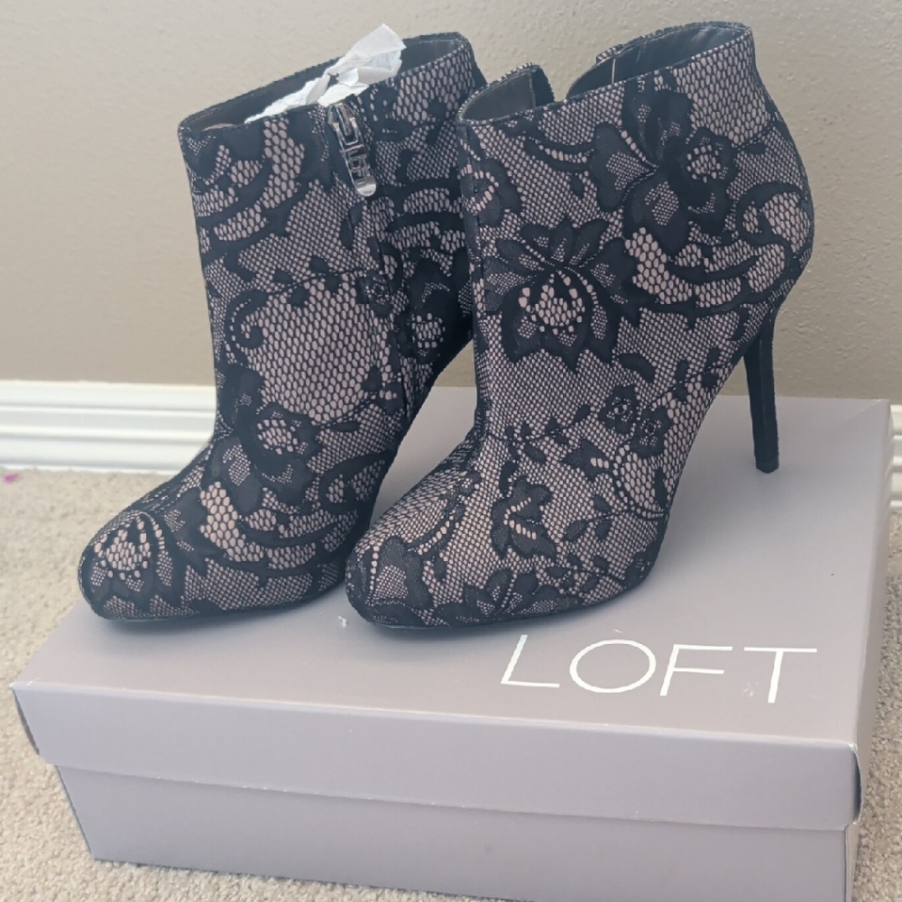 LOFT Black Lace Heeled Boots